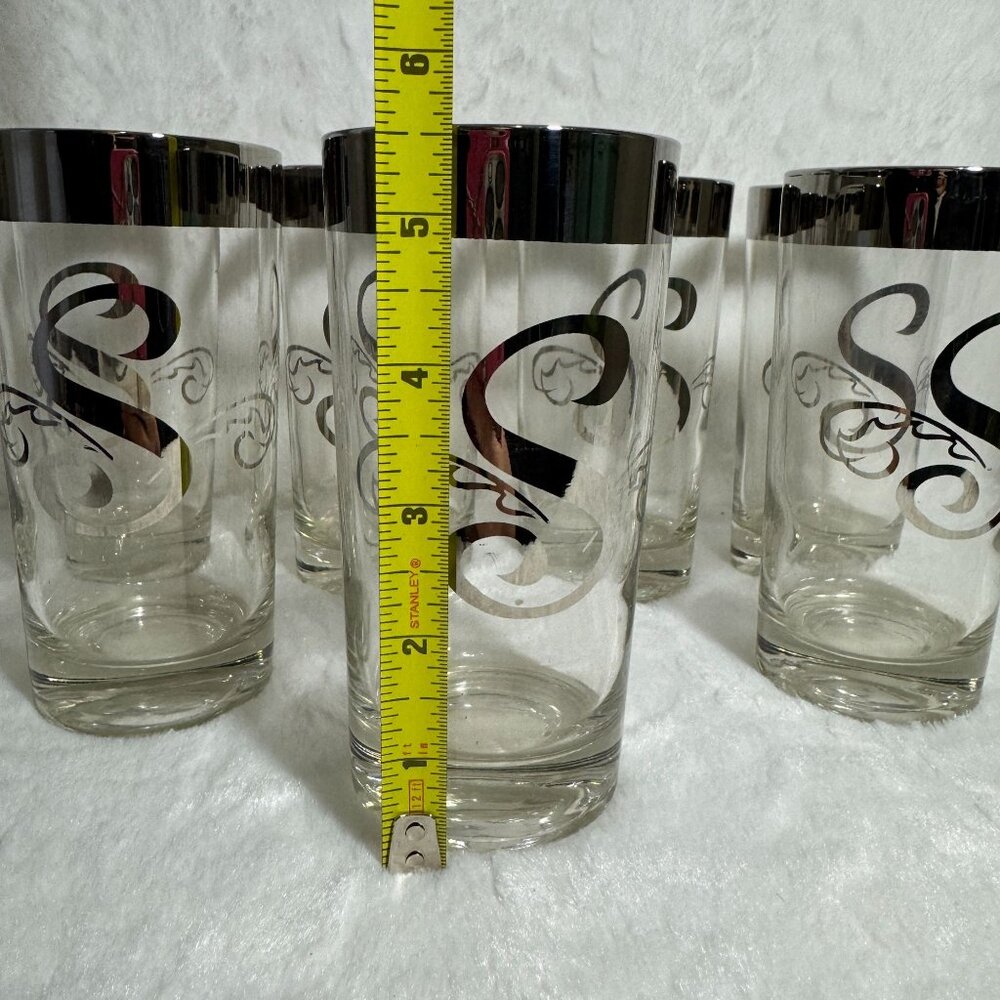 8 Vintage MCM Dorothy Thorpe Monogram “S” Silver Band Highball Tumbler Glasses - Picture 5 of 5